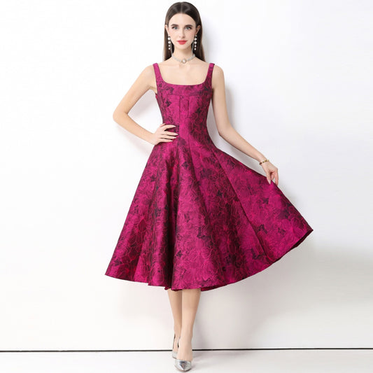 CM-DY066028 Women Elegant European Style Jacquard Square Neck Sleeveless High Waist Mid-Length Dress - Rose Red