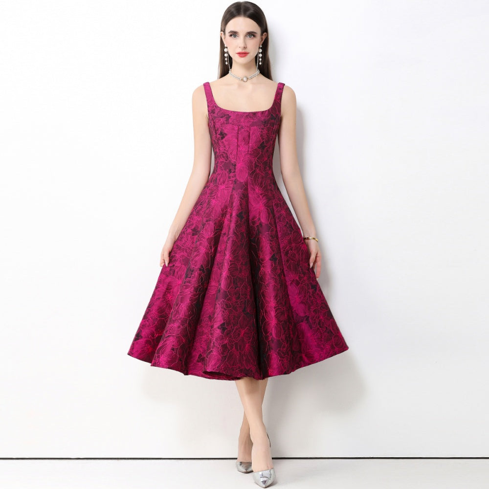 CM-DY066028 Women Elegant European Style Jacquard Square Neck Sleeveless High Waist Mid-Length Dress - Rose Red