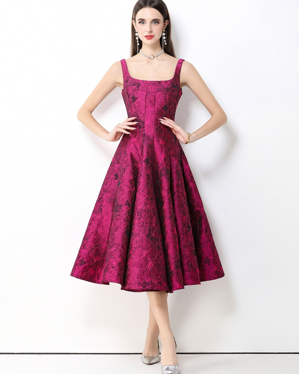 CM-DY066028 Women Elegant European Style Jacquard Square Neck Sleeveless High Waist Mid-Length Dress - Rose Red