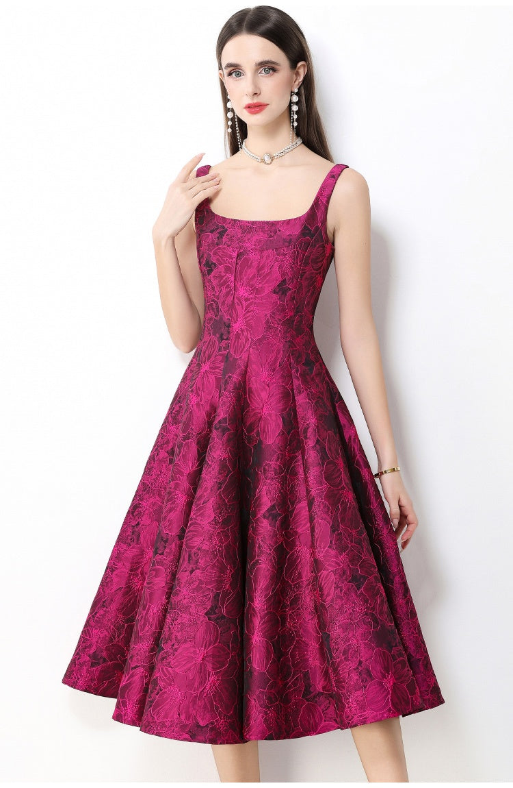 CM-DY066028 Women Elegant European Style Jacquard Square Neck Sleeveless High Waist Mid-Length Dress - Rose Red