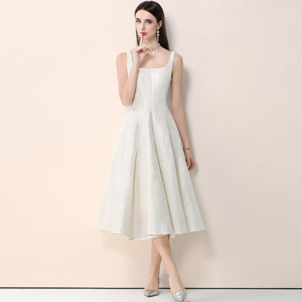 CM-DY066029 Women Elegant European Style Jacquard Square Neck Sleeveless High Waist Mid-Length Dress - Apricot