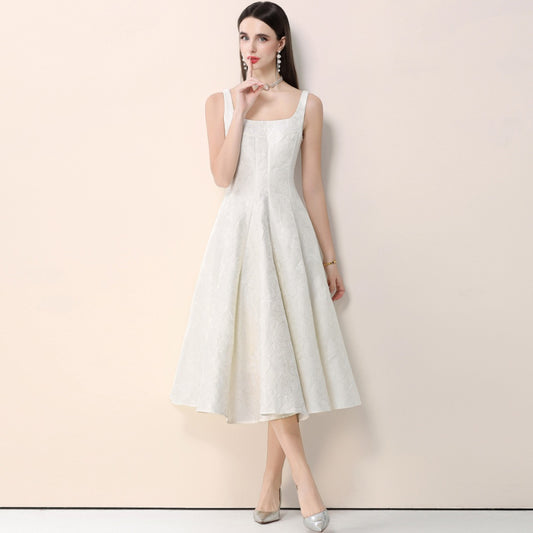 CM-DY066029 Women Elegant European Style Jacquard Square Neck Sleeveless High Waist Mid-Length Dress - Apricot