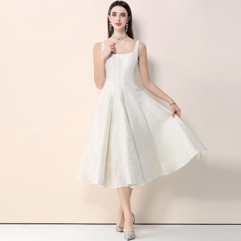 CM-DY066029 Women Elegant European Style Jacquard Square Neck Sleeveless High Waist Mid-Length Dress - Apricot