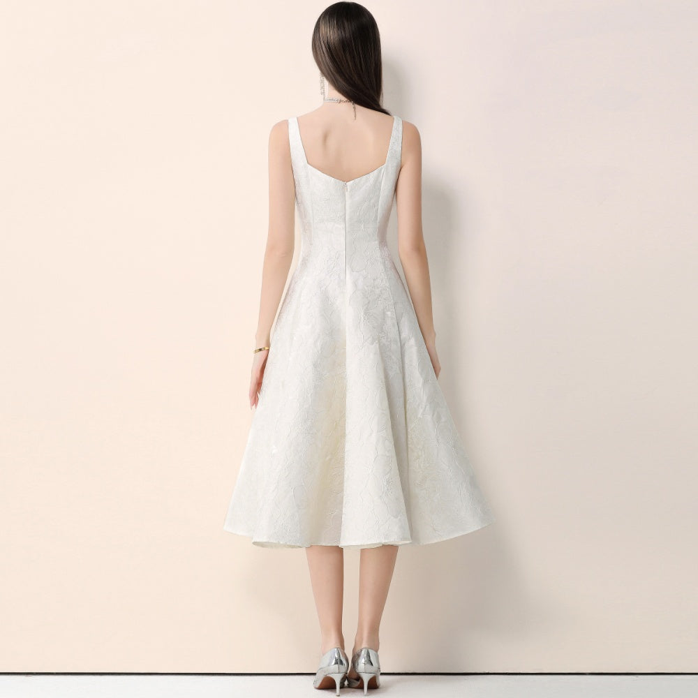 CM-DY066029 Women Elegant European Style Jacquard Square Neck Sleeveless High Waist Mid-Length Dress - Apricot