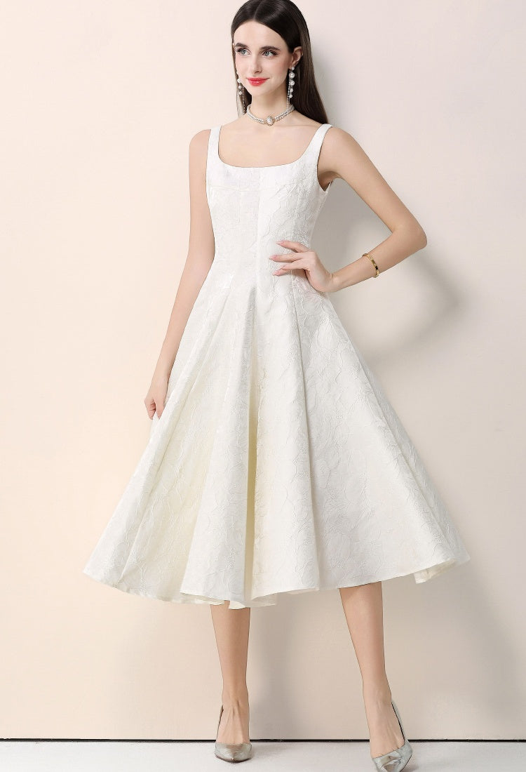 CM-DY066029 Women Elegant European Style Jacquard Square Neck Sleeveless High Waist Mid-Length Dress - Apricot