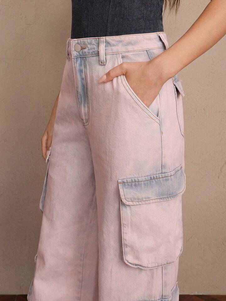CM-BS445459 Women Casual Seoul Style Mid Waist Tie Dye Straight-Leg Cargo Jeans - Pink