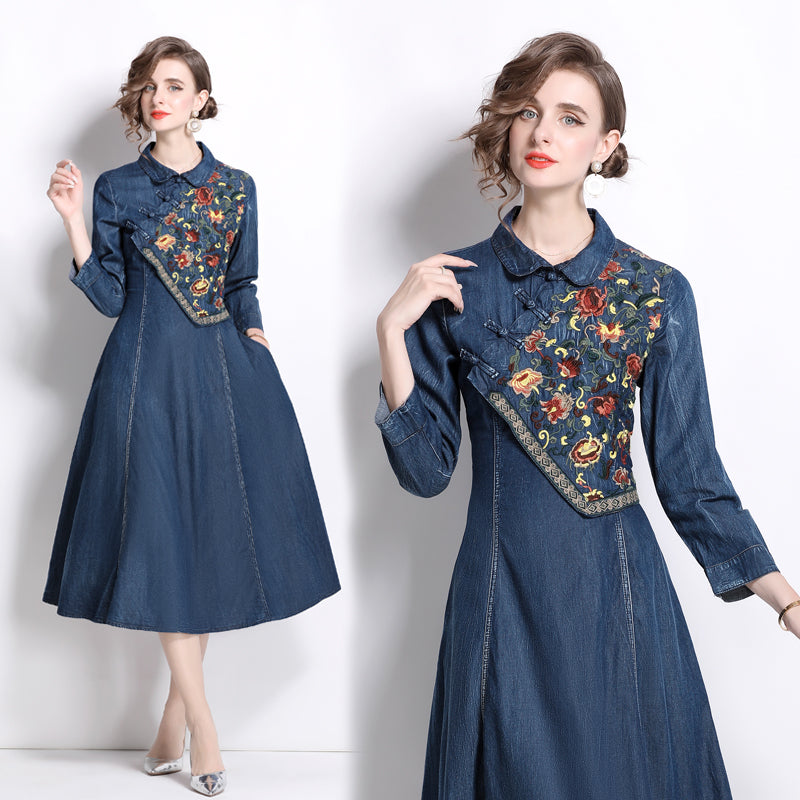 CM-DY066563 Women Elegant European Style Embroidered Collar Neckline Long Sleeve A-Line Denim Dress