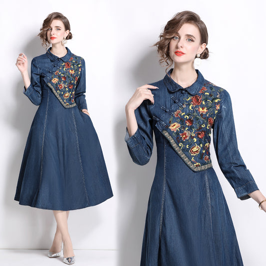 CM-DY066563 Women Elegant European Style Embroidered Collar Neckline Long Sleeve A-Line Denim Dress
