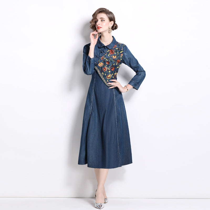 CM-DY066563 Women Elegant European Style Embroidered Collar Neckline Long Sleeve A-Line Denim Dress