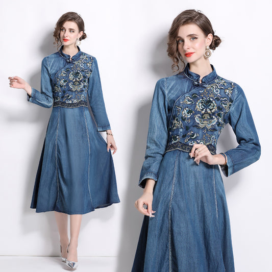 CM-DY066564 Women Elegant European Style Embroidery Stand Collar Long Sleeve Midi Denim Dress