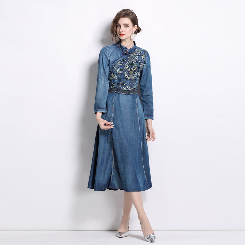 CM-DY066564 Women Elegant European Style Embroidery Stand Collar Long Sleeve Midi Denim Dress