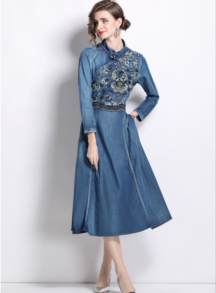 CM-DY066564 Women Elegant European Style Embroidery Stand Collar Long Sleeve Midi Denim Dress