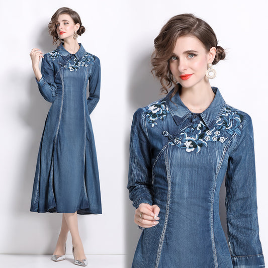 CM-DY066565 Women Elegant European Style Embroidered Collar Neckline Long Sleeve Mid-Length Denim Dress