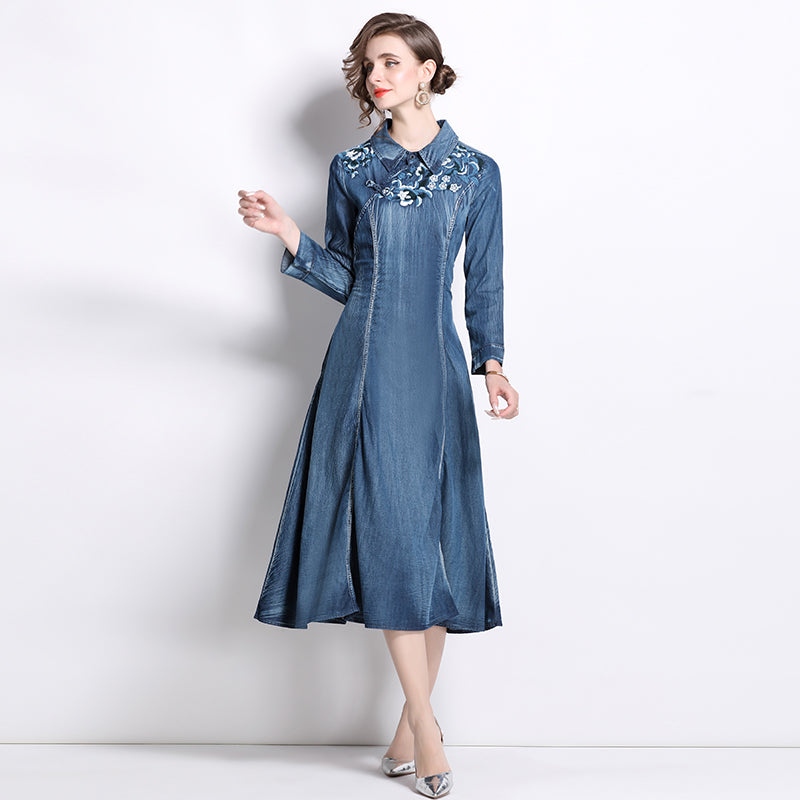 CM-DY066565 Women Elegant European Style Embroidered Collar Neckline Long Sleeve Mid-Length Denim Dress