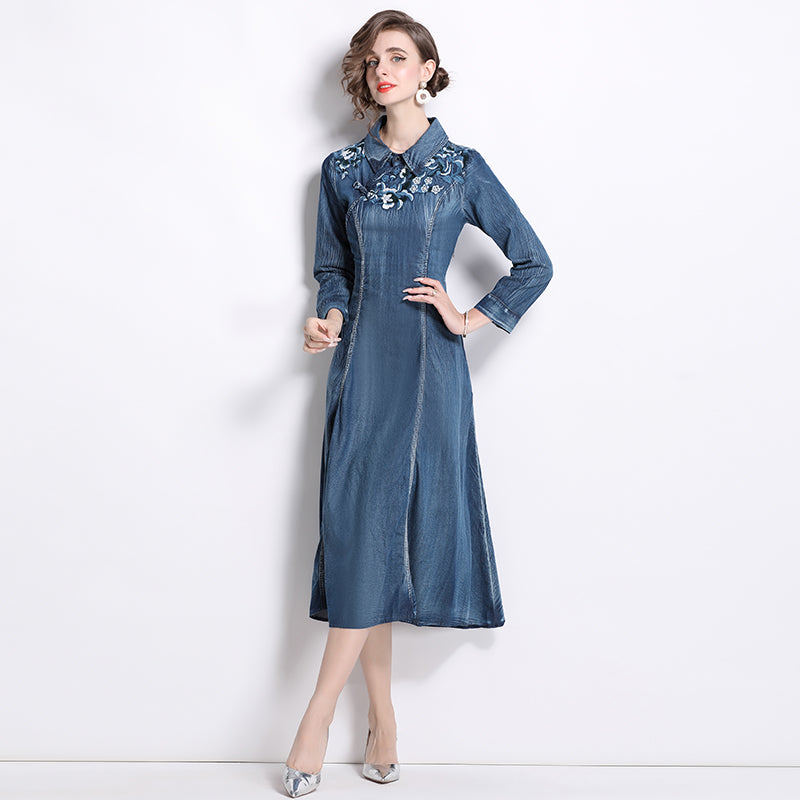 CM-DY066565 Women Elegant European Style Embroidered Collar Neckline Long Sleeve Mid-Length Denim Dress
