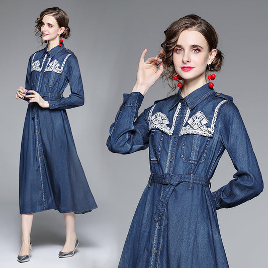 CM-DY066566 Women Elegant European Style Embroidery Collar Neckline Long Sleeve Slim Denim Dress