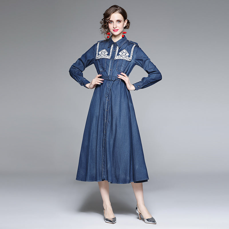 CM-DY066566 Women Elegant European Style Embroidery Collar Neckline Long Sleeve Slim Denim Dress