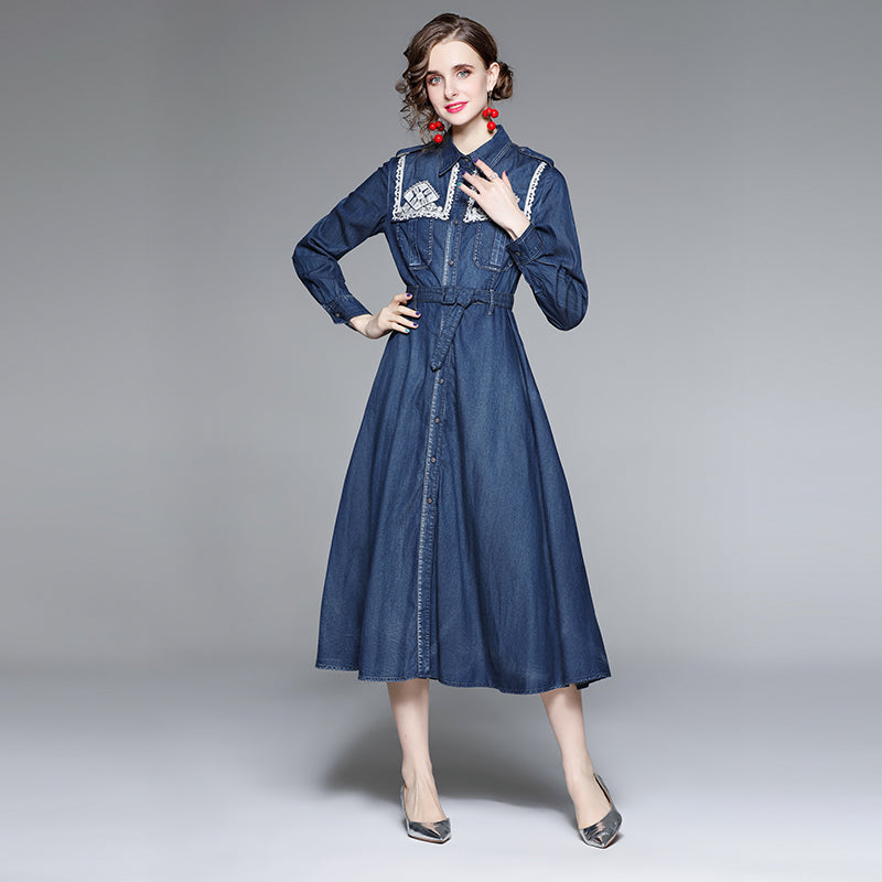 CM-DY066566 Women Elegant European Style Embroidery Collar Neckline Long Sleeve Slim Denim Dress