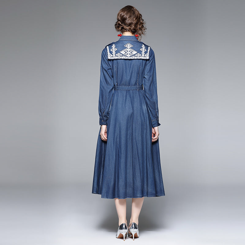 CM-DY066566 Women Elegant European Style Embroidery Collar Neckline Long Sleeve Slim Denim Dress