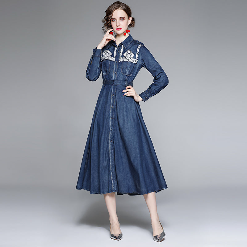 CM-DY066566 Women Elegant European Style Embroidery Collar Neckline Long Sleeve Slim Denim Dress