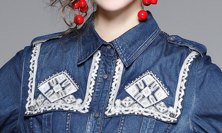CM-DY066566 Women Elegant European Style Embroidery Collar Neckline Long Sleeve Slim Denim Dress