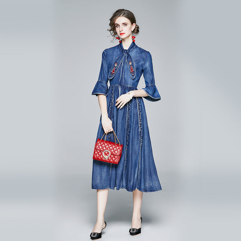 CM-DY066943 Women Elegant European Style Embroidered Decor Stand Collar 3/4 Sleeve Mid-Length Denim Dress