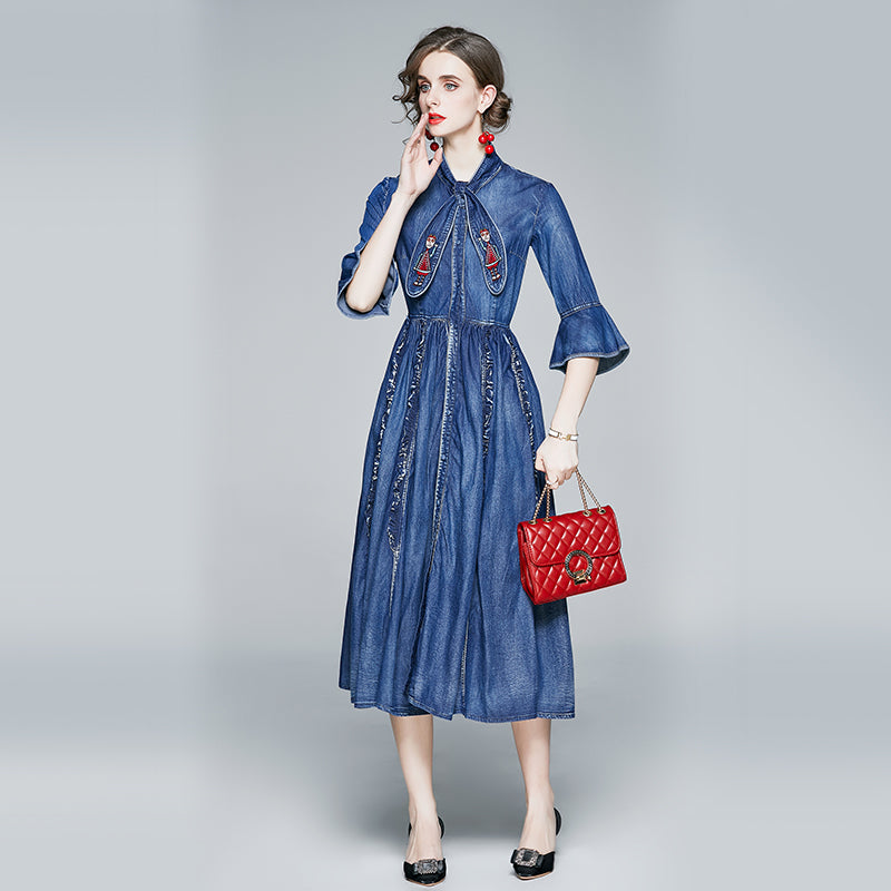 CM-DY066943 Women Elegant European Style Embroidered Decor Stand Collar 3/4 Sleeve Mid-Length Denim Dress