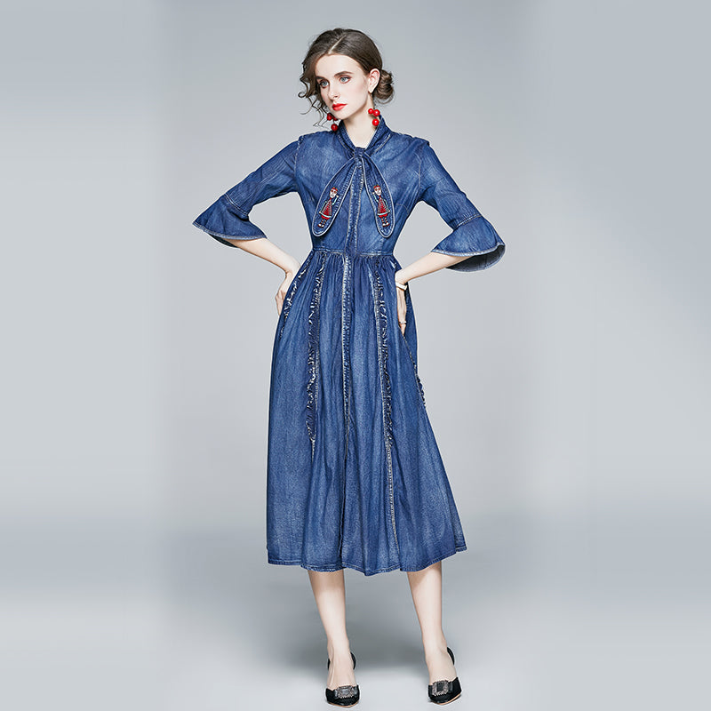 CM-DY066943 Women Elegant European Style Embroidered Decor Stand Collar 3/4 Sleeve Mid-Length Denim Dress