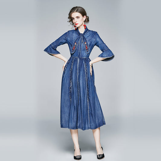 CM-DY066943 Women Elegant European Style Embroidered Decor Stand Collar 3/4 Sleeve Mid-Length Denim Dress