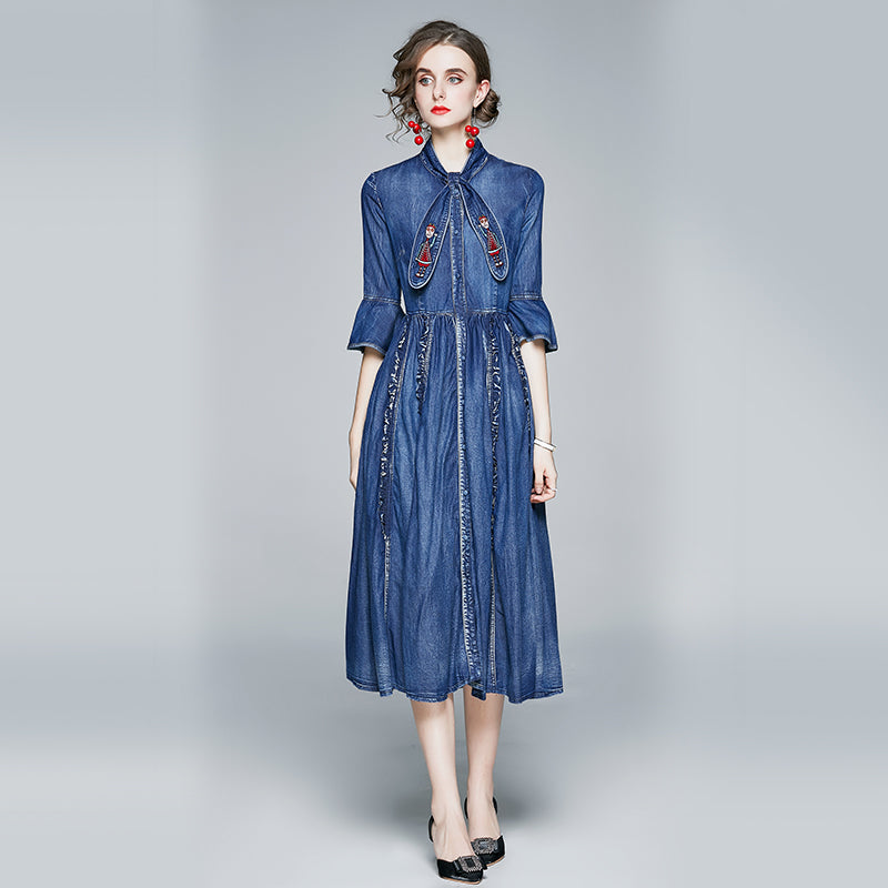 CM-DY066943 Women Elegant European Style Embroidered Decor Stand Collar 3/4 Sleeve Mid-Length Denim Dress