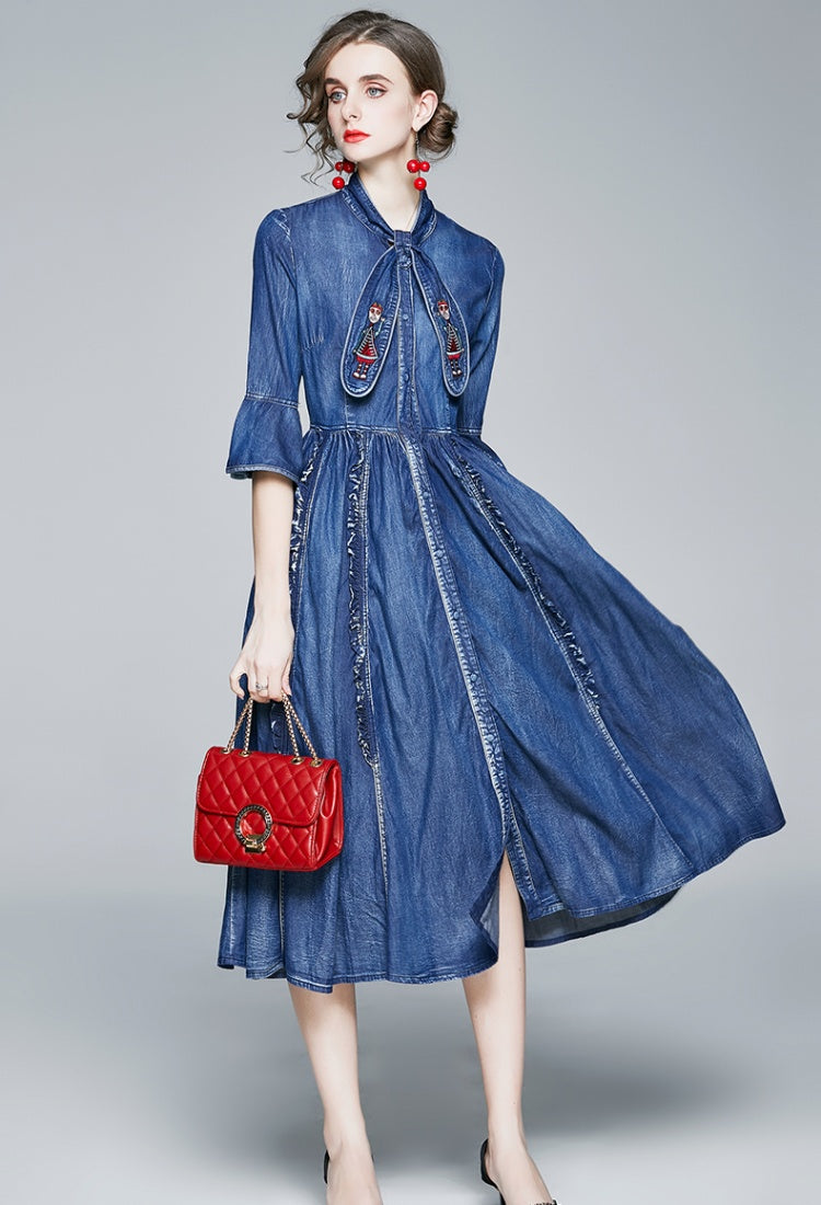 CM-DY066943 Women Elegant European Style Embroidered Decor Stand Collar 3/4 Sleeve Mid-Length Denim Dress