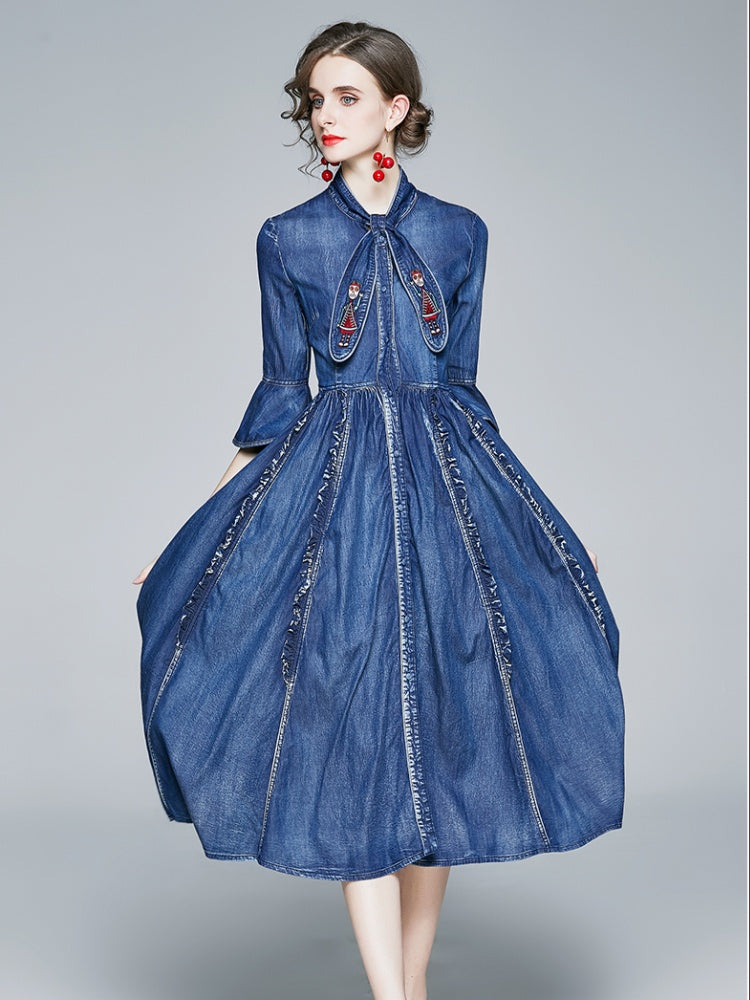 CM-DY066943 Women Elegant European Style Embroidered Decor Stand Collar 3/4 Sleeve Mid-Length Denim Dress