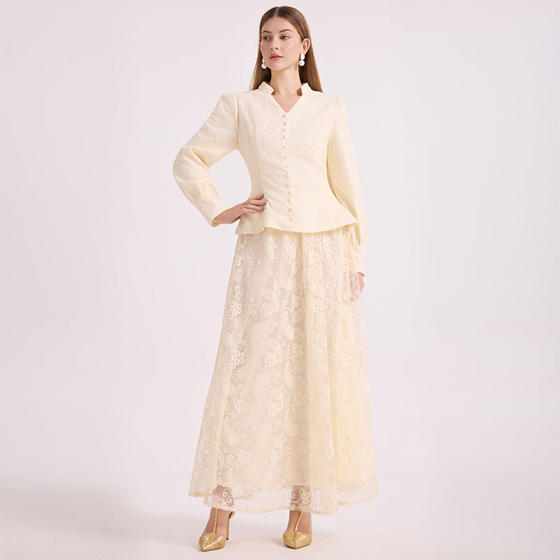 CM-SY067030 Women Elegant European Style V-Neck Long Sleeve Blouse  With A-Line Maxi Skirt - Set