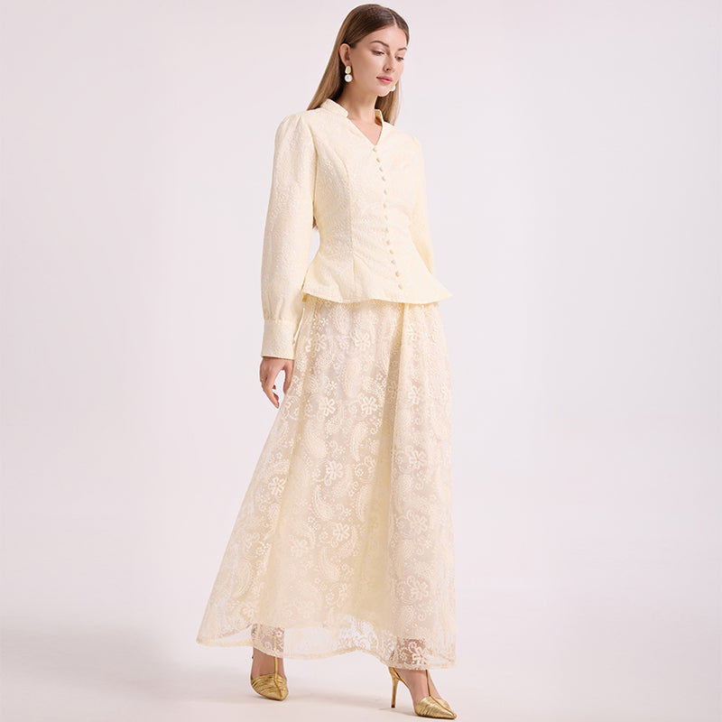 CM-SY067030 Women Elegant European Style V-Neck Long Sleeve Blouse  With A-Line Maxi Skirt - Set