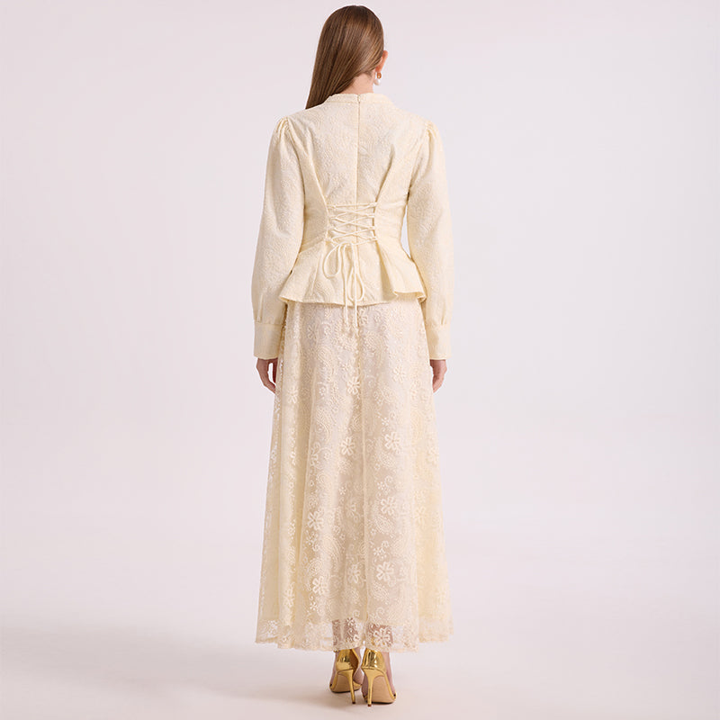 CM-SY067030 Women Elegant European Style V-Neck Long Sleeve Blouse  With A-Line Maxi Skirt - Set