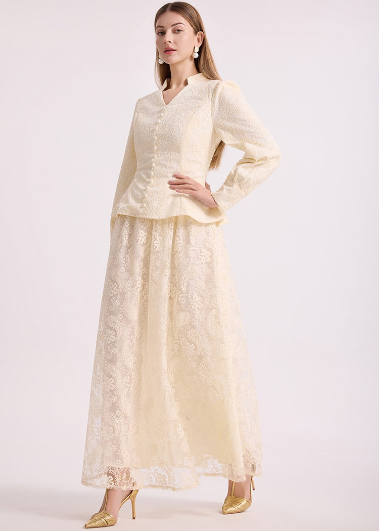 CM-SY067030 Women Elegant European Style V-Neck Long Sleeve Blouse  With A-Line Maxi Skirt - Set