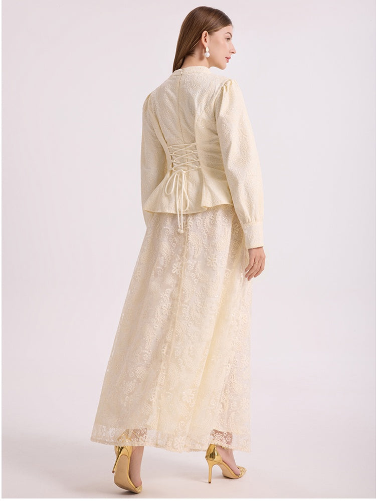 CM-SY067030 Women Elegant European Style V-Neck Long Sleeve Blouse  With A-Line Maxi Skirt - Set
