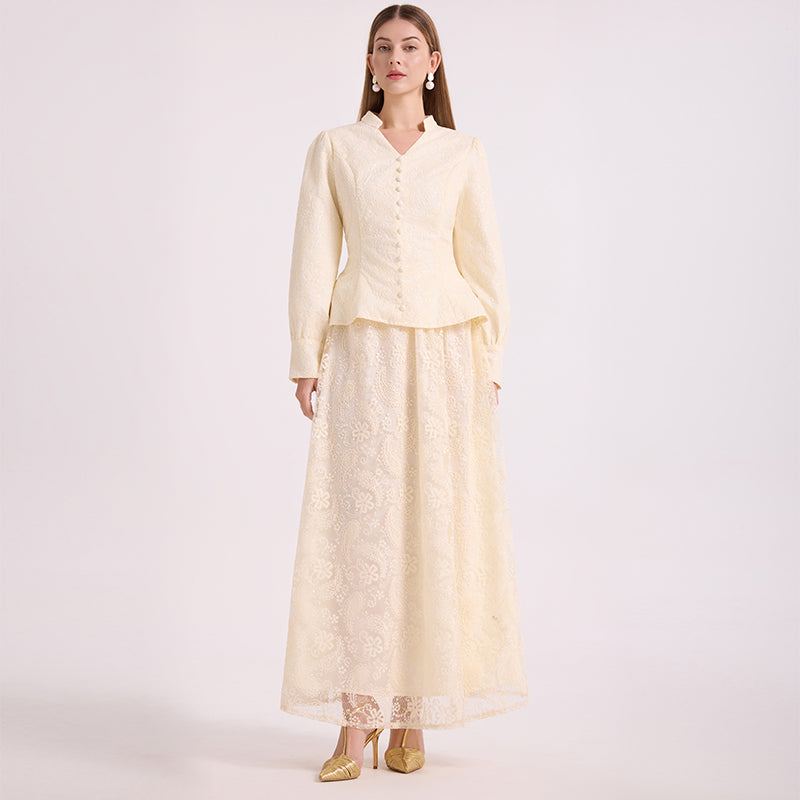 CM-SY067030 Women Elegant European Style V-Neck Long Sleeve Blouse  With A-Line Maxi Skirt - Set