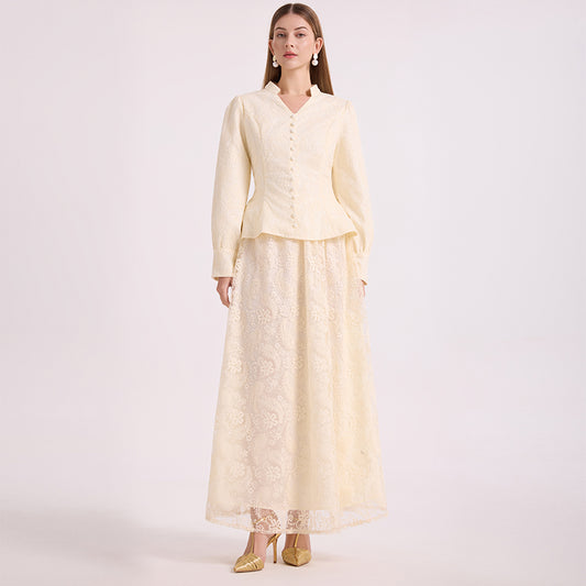 CM-SY067030 Women Elegant European Style V-Neck Long Sleeve Blouse With A-Line Maxi Skirt - Set