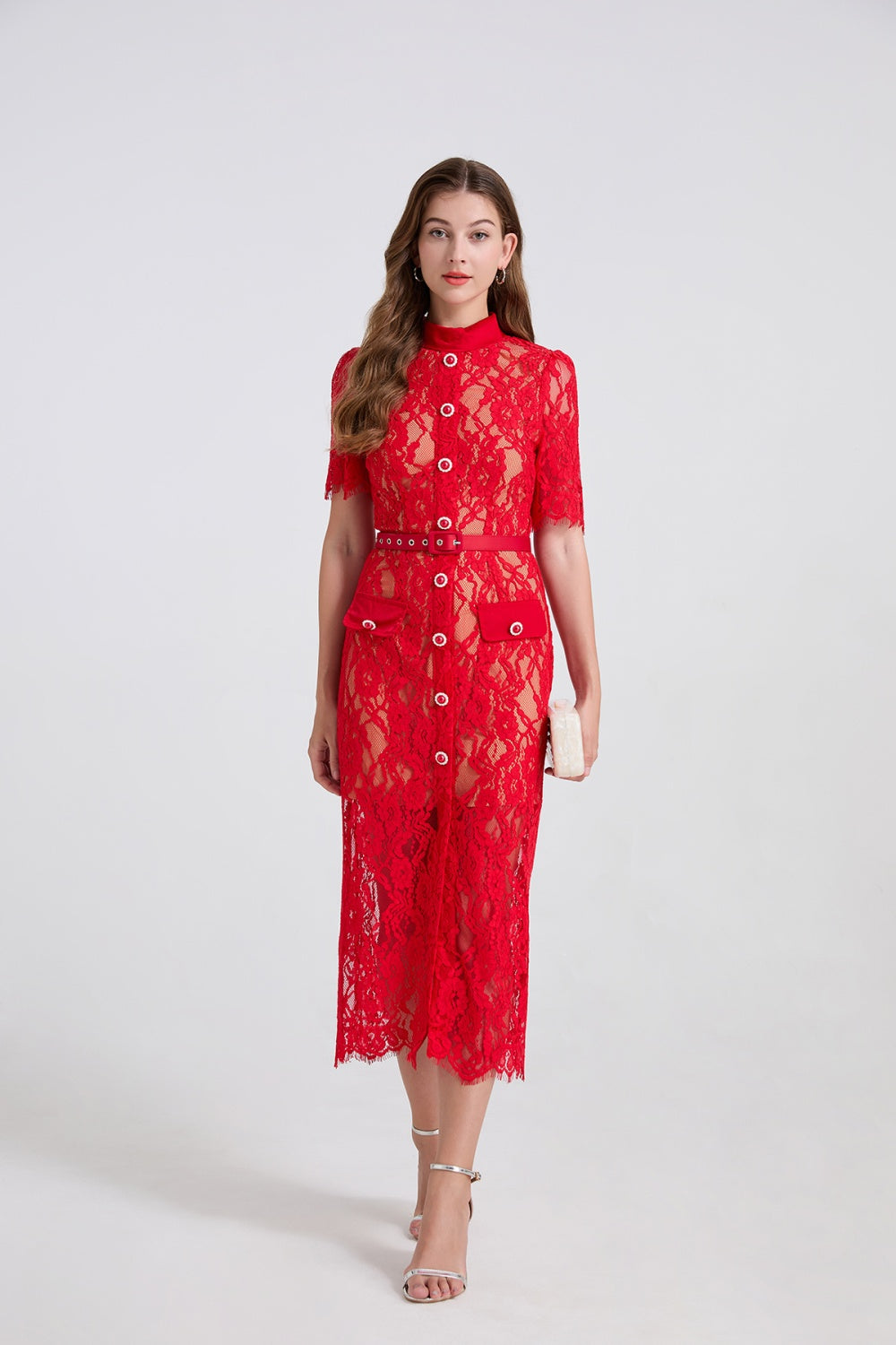 CM-DY067062 Women Elegant European Style Stand Collar Short Sleeve High Waist Mid-Length Dress (Available in 4 colors)