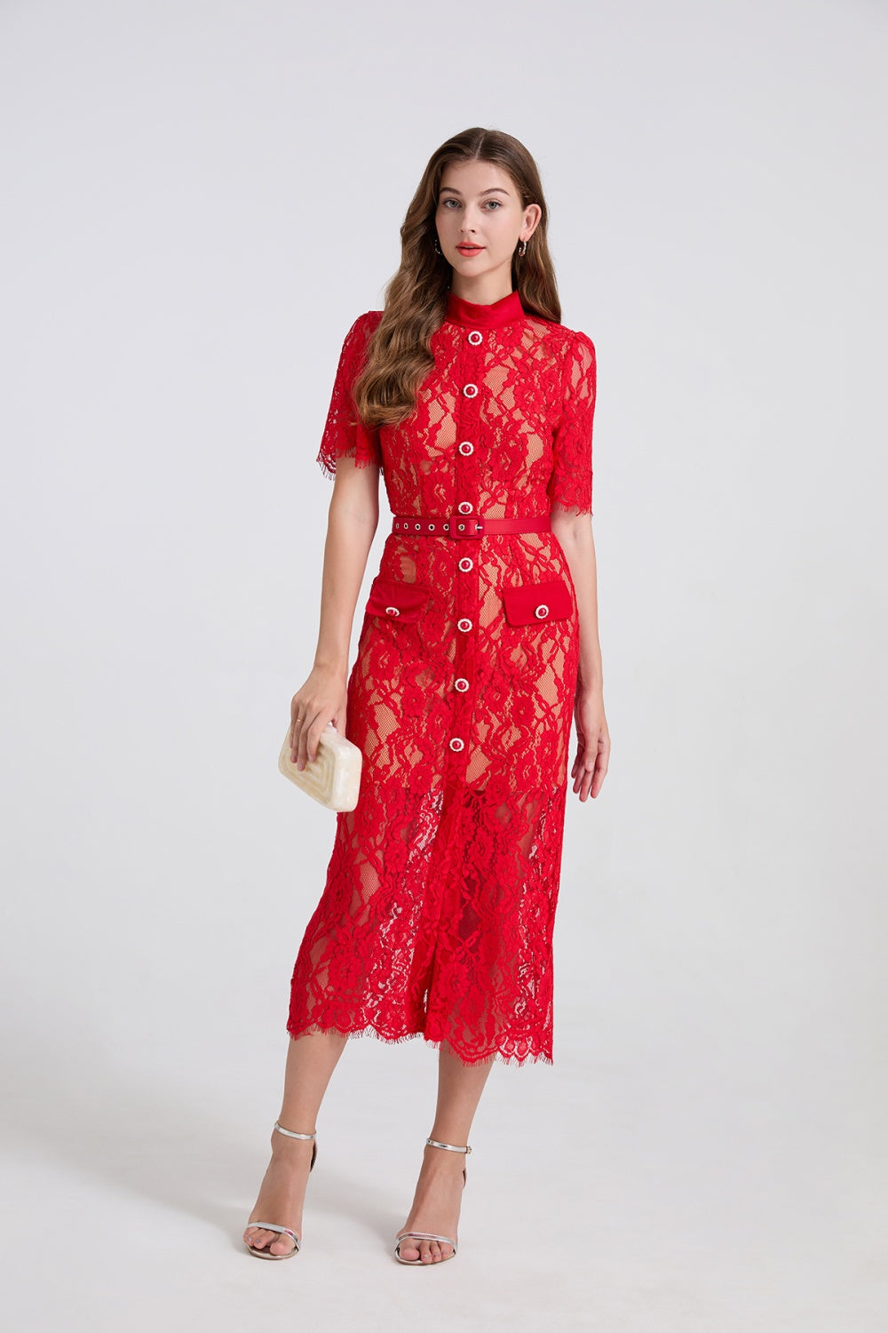 CM-DY067062 Women Elegant European Style Stand Collar Short Sleeve High Waist Mid-Length Dress (Available in 4 colors)