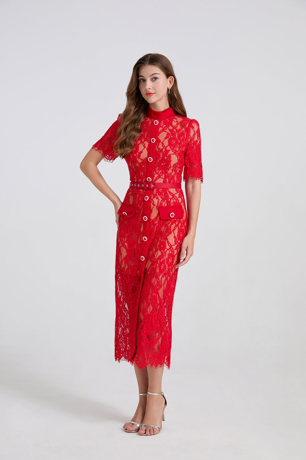 CM-DY067062 Women Elegant European Style Stand Collar Short Sleeve High Waist Mid-Length Dress (Available in 4 colors)