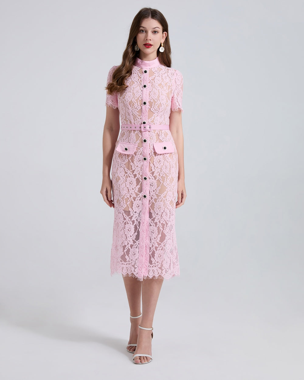 CM-DY067062 Women Elegant European Style Stand Collar Short Sleeve High Waist Mid-Length Dress (Available in 4 colors)