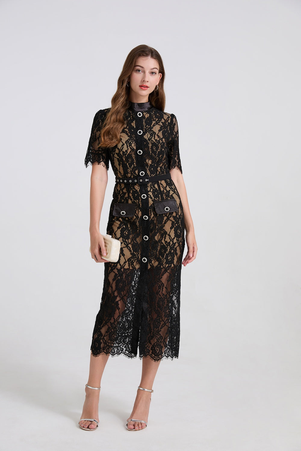 CM-DY067062 Women Elegant European Style Stand Collar Short Sleeve High Waist Mid-Length Dress (Available in 4 colors)