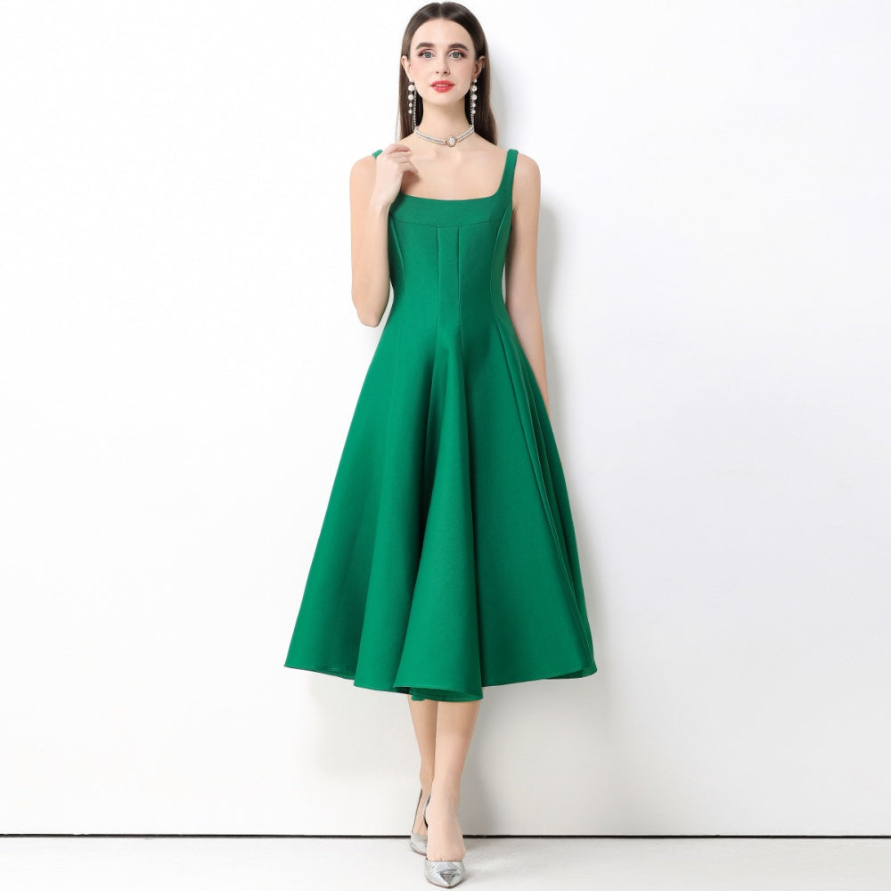 CM-DY067164 Women Elegant European Style Square Neck Sleeveless Pinched Waist A-Line Midi Dress - Green