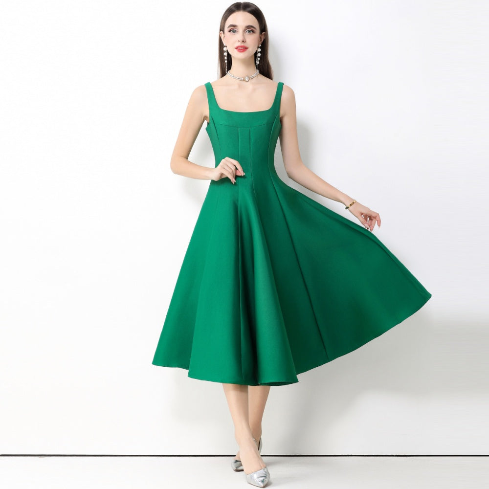 CM-DY067164 Women Elegant European Style Square Neck Sleeveless Pinched Waist A-Line Midi Dress - Green
