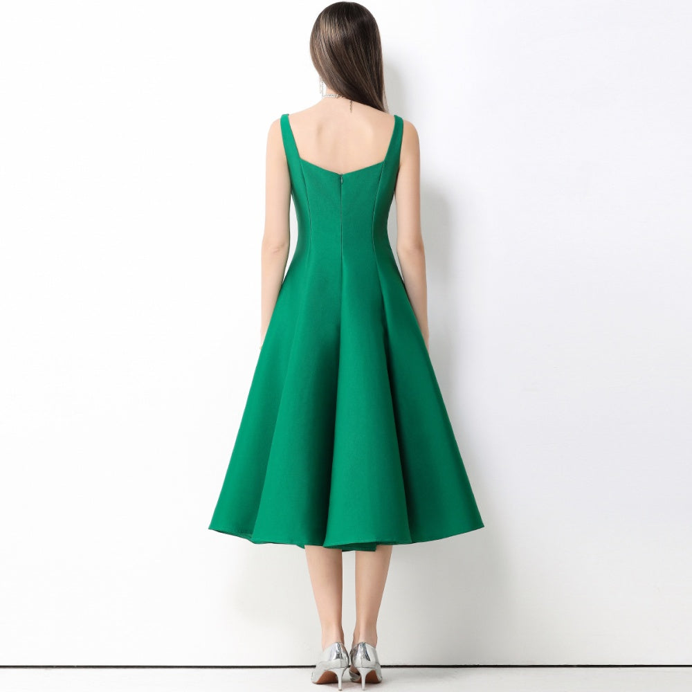 CM-DY067164 Women Elegant European Style Square Neck Sleeveless Pinched Waist A-Line Midi Dress - Green
