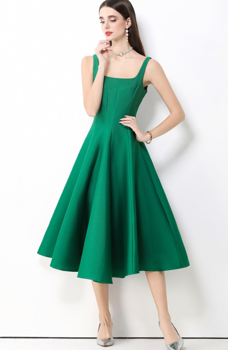 CM-DY067164 Women Elegant European Style Square Neck Sleeveless Pinched Waist A-Line Midi Dress - Green