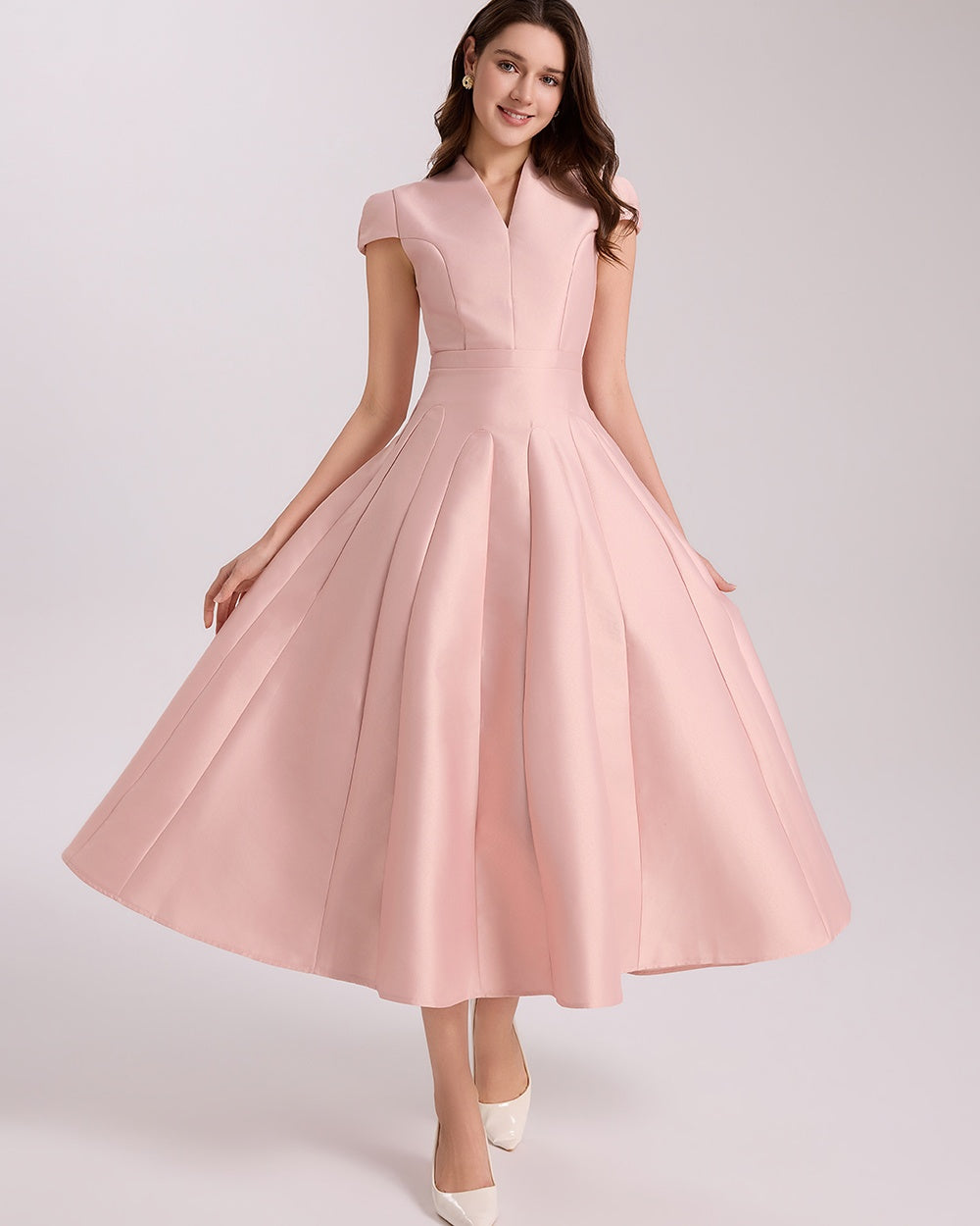 CM-DY067167 Women Elegant European Style V-Neck Short Sleeve High Waist A-Line Mid-Length Dress - Pink