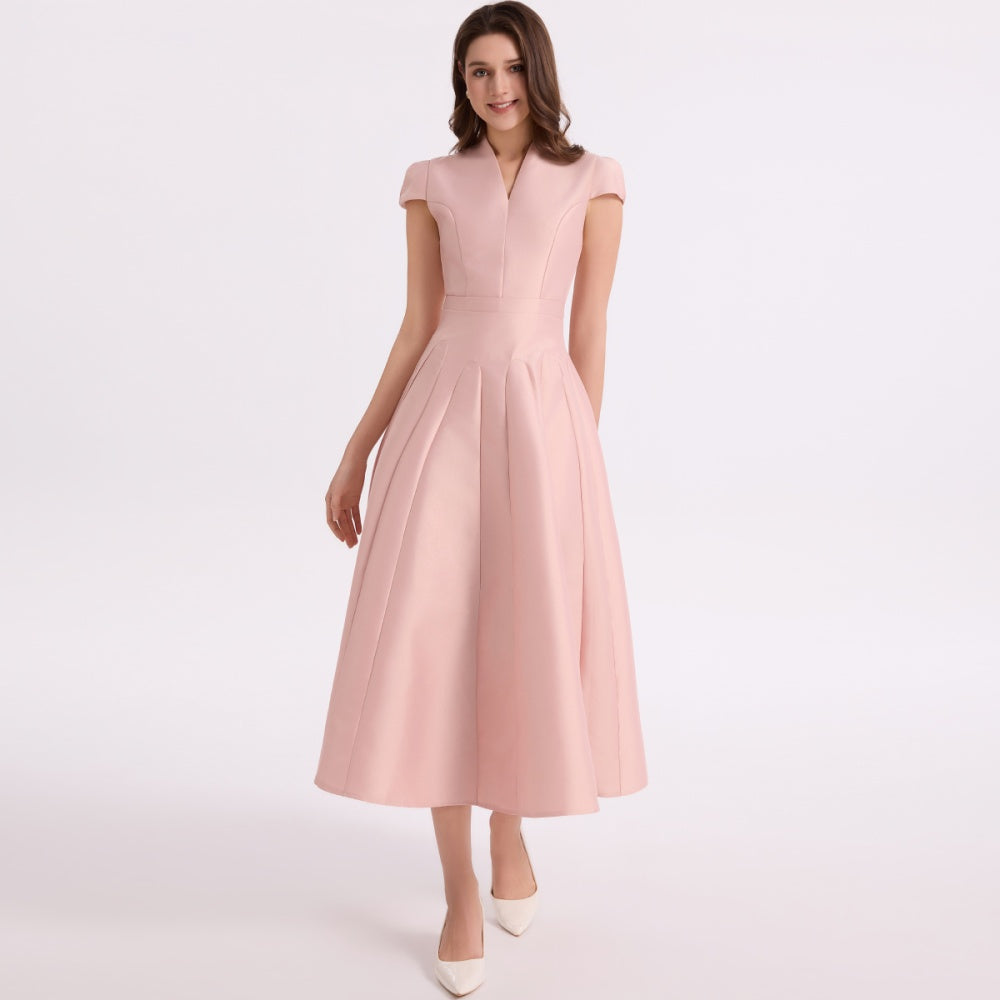 CM-DY067167 Women Elegant European Style V-Neck Short Sleeve High Waist A-Line Mid-Length Dress - Pink